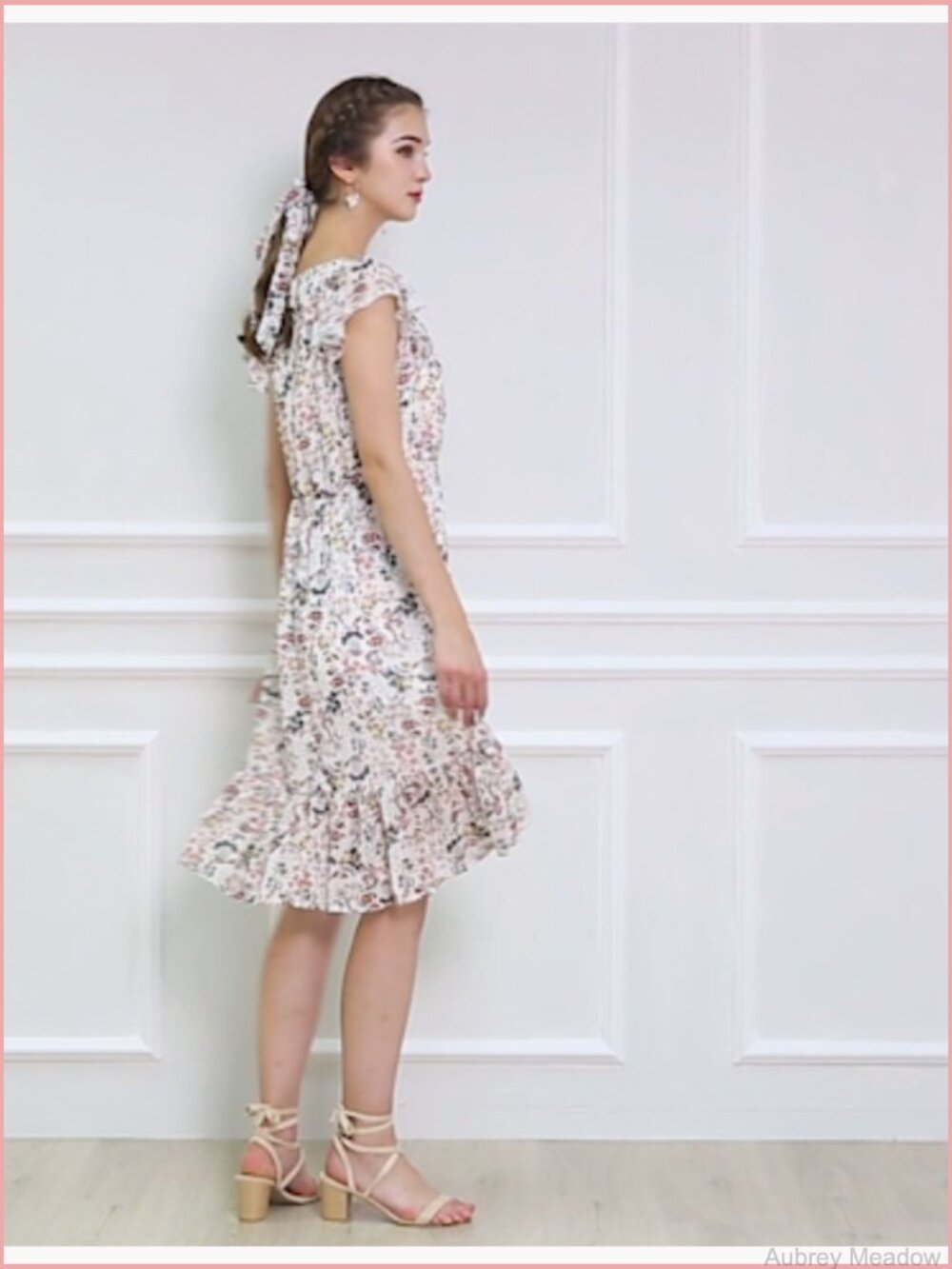 Midi Floral Chiffon Dress Flutter Sleeve Square Neck Belted Ruffled - Picture 6 of 7